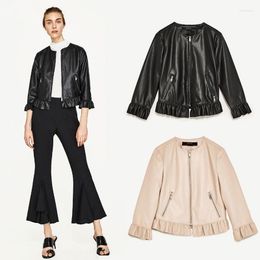 Women's Jackets Ruffled Cuff Collar Leather Jacket Spring/Fall 2022 European And American Short Motorcycle PU