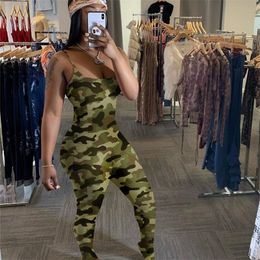 Wjustforu Women's Multicolor Print Pleated Sexy Spaghetti Strap Jumpsuit Mujer Mid Waist Skinny Camouflage Stacked Jumpsuit T200509