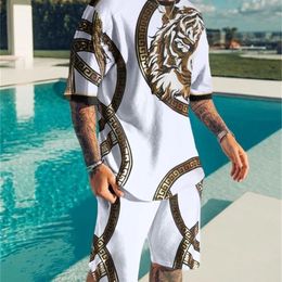 Summer European and American Oversized Men s Trend Casual Beach Style Texture 3D Digital Printing T shirt Shorts Suit 220621