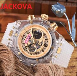 Popular Casual Fashion Luxury Man Watch 45mm Relojes De Marca Mujer Hollow Transparent Dress Watch Rubber band Quartz Clock High quality wristwatch All Subdial Work