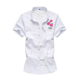 Rose Embroidery Men's Short Sleeve Casual Shirt Fashion New Summer Ccotton Button Social Shirts Men 5XL 6XL Dropshipping 210412