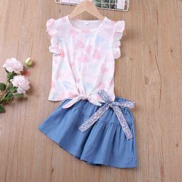 2022 Summer Flying Sleeves Heart-Shaped Print+Shorts 2Pcs Girl Sets Children's Clothing Kid Clothes Casual Clothes G220509