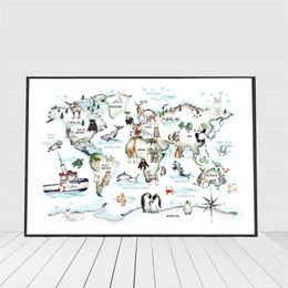 Cartoon Animals World Map Wall Poster for Kids Room Decor Nursery Children Custom Name Personalised Print Art Canvas Painting 220614