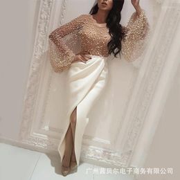 Casual Dresses Mesh Lace Insert Party Dress Bodycon Long Sleeve Pleated Sequin Embroidery Sexy Wrap Midi