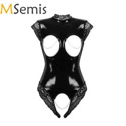 Womens Lingerie Hot Bodysuit Underwear Open Breast Crotchless Lace Trimmed Open Cup Nipples Hole Patent Leather Sexy Mujer Puta H220425