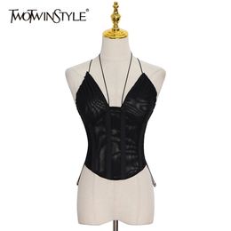TWOTWINSTYLE Sexy Vest Tops For Women Halter Sleeveless Backless Short Camis Vests Female Summer Fashion Clothing 220316