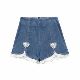Fashion Denim Shorts Women Summer High waist heart shape lace stitching Sweet Short Pants Elegant Chic Lady Jeans short 210709
