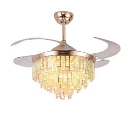 48Inch Crystal Chandelier Ceiling Fan Lamp With Invisible ABS Blades Dimming Changeable Remote Control 110V 220V Gold 42inch