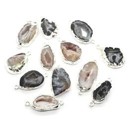 Pendant Necklaces 2pcs/pack Silver Color Edged Irregular Shaped Natural Semi-precious Stone Agate Connector DIY Making Necklace Bracelet Acc