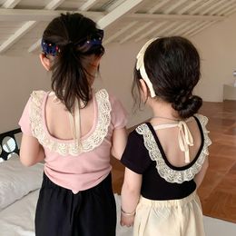 Summer Baby Girls Cotton Tshirt Short Sleeve Lace T-shirt Kids Top Tee Children Backless Lace Up Casual Tshirts
