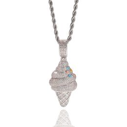 Hip Hop AAA Cubic Zirconia Bling Iced Out Silver Colour Ice Cream Pendants Necklace for Men Women Fashion Jewellery Drop Shipping 201014