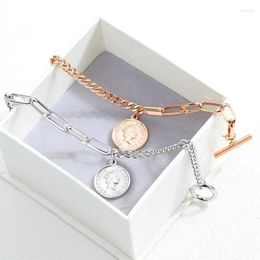 Link Chain European And American Retro People Head Round Medal Bracelet Stainless Steel Rose Gold Plated Elizabeth Coin Fawn22