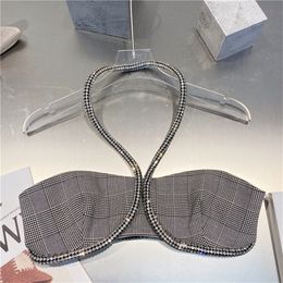 Summer French Ins Style Fashion Plaid Camisole Sexy Diamond-Studded Halterneck Tube Top Women Nightclub Party Tank Tops 220318