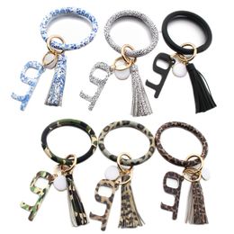 PU Leather Tassel Keychain Door Opener Fashion Printing Wrist Bracelet Keychain Keyring Anti Contact Press Elevator