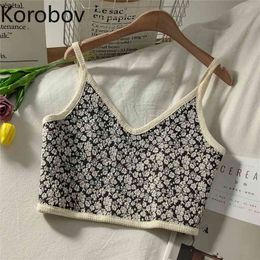 Korobov Vintage V Neck Spaghetti Strap Tunic Top Korean Print Fashion Crop Top Fashion Tank Top Streetwear Female Vest 210401