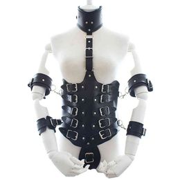 Nxy Sm Bondage Bdsm Toys Leather Cincher Corset Body Bondage Straitjacket with Arm Cuffs Handcuffs Neck Collar Harness Sex Products 220423
