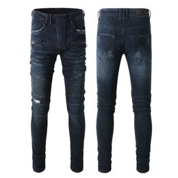 Mens Jeans Designer Skinny Rip Denim Biker Hip Hop Dark Blue Distress 2022 Fashion Relaxed Fit Regular Slim Straight Leg Stretchy Trendy Zipper Hole