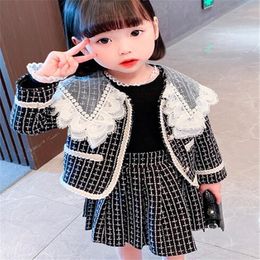 Spring Autumn Baby Girls Clothes Sets Long Sleeve Coat And Grid Skirt 2 Piece Suit Outfits For Kids Girls Clothing
