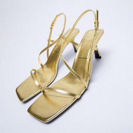 Dress Shoes Women's Square Toe Wineglass Mid Sandals Female Fashion Gold Heel Summer Thin Rome Sandal Casual Narrow Band ShoesDress