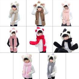 Hair Accessories Cute Winter Warm Cartoon Plush Hat With Scarf Pocket Gloves Hoodie 3 In 1 Fluffy For KidsHair