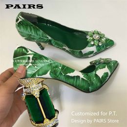 Green Banana Leaf Pumps For Women Pointed Toe Diamond Flower High Heel Shoes Woman Fashion Party Shoes Plus Size 210225
