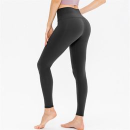 lu-12353 Damen Yoga-Sporthose, enges Training, hohe Taille, pfirsichfarbene Hüfthose, elastische, schnell trocknende Fitnesshose, Yoga-Outfits, mit Logo