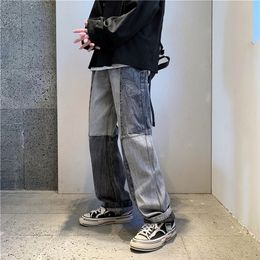 Korean Style Fashion Men's Denim Wide-leg Pants Autumn Loose Straight-leg Jeans Paneled Trousers Male 220328