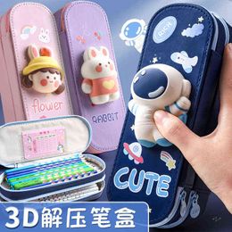 Learning Toys Kawaii 3D Squeeze Astronaut Girl Rabbit Bear Decompression Double Layer Pencil Case Stationery Organizer Holder Gift Cute T220829