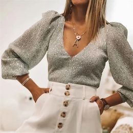 Elegant Women Sequined Tops Spring Fashion Ladies Vintage Silver Top Party Female Sexy V-Neck Femme Girls Chic Clothes 220318