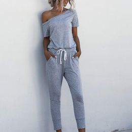 Women's Jumpsuits & Rompers Women Casual One-Shoulder Jumpsuit Fashion Ladies Summer Soft Loose Pocket Short Sleeve Playsuit Party Trousers