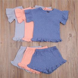 1 5Years Children Girls Clothing Sets Summer Kids Ruffles Sleeve Cotton Linen T shirts Tops Shorts Casual Outfits 220620