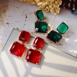 Dangle & Chandelier Retro Fashion Super Big Square Green Or Red Stone Drop Earrings For Women Jewelry Gift Bride Drama Party Accessories Fan