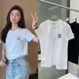Summer black and white two-color nail bead badge embroidery simple loose versatile women's Short Sleeve T-Shirt
