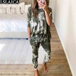 Two Piece Outfits Sets For Women Tracksuit Tie Dye Autumn Long Sleeve O Neck Loose Casual Womens Clothing Mujer Pantalones 210331