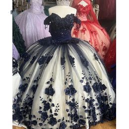 Elegant Navy Blue Ball Gown Quinceanera Dress vestidos de 15 anos 2022 Applique Backless Sweet 16 Dress Pageant Gowns