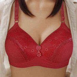 Large Size Women Rimless Bra Thin Die C D Cup Middle Age Adjustable Bras Solid Colour Lace Sexy Breathe Gather Wire Free Bra L220726