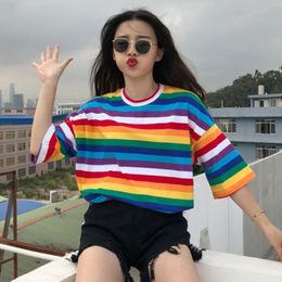 Women Plus Size Half Sleeves Harajuku TShirt Rainbow Contrast Colored Cross Stripes Printed Oversized Loose Pullover Top 220615