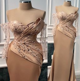 2022 plus size arabic aso ebi sereia sparkly champagne baile vestidos com miçangas noite festa formal em segunda recepção no engajamento de aniversário vestidos de dama de honra ZJ3