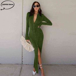 2022 Women Knitting Dresse Long Sleeve Button Robe Elegant V-Neck Vestidos Sexy Split Dresses Party Clubwear Solid Clothes L220706