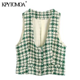KPYTOMOA Women Fashion Buttonup Tweed Cropped Vests Coat Vintage V Neck Long Sleeve Female Outerwear Chic Tops 201031