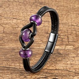 Charm Bracelets Round Natural Amethyst Crystal Stone Bracelet Women Black Double Leather Rope Chain Stainless Steel Magnetic Men's Jewel