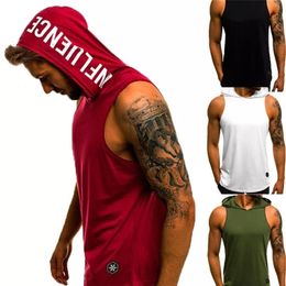 Men Hoodies Tank Top Sleeveless Muscle Gym Sport Slim Vest Bodybuilding Hooded Hip Hop Streetwear Workout Elastic 220624