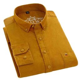 Aoliwen Brand Casual Men Corduroy Shirt Pure Cotton Long Sleeve yellow Thick Winter Regular Fit Model Male Button Down Shirt 210706