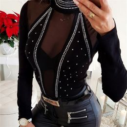 Blouse Women Skinny Black Turtleneck Top Studded Sheer Mesh Long Sleeve Blouses Sexy Bodycon Ladies Tee Shirts fashion 220318