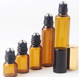 500pcs 1/ 2/ 3/ 5/ 10 ml Amber Glass Roll on bottle Roller Ball Essential Oil Bottles Mini Travel Refillable Brown Sample Bottle