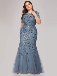 2022 Plus Size Sequin Mesh Mermaid Slim Evening Dress Beaded Leaves Pattern Formal Women Elegant Party Prom Gowns Short Sleeve Big Size 2XL