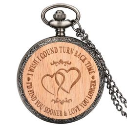 Pocket Watches Lovers Message Double Hearts Engraved Round Wood Design Quartz Watch Vintage Grey Black Necklace Pendant Timepiece Gifts