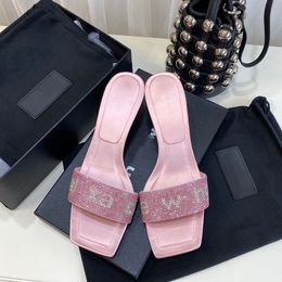 Summer Slippers Rhinestone Letter Kitten Heel Sandals Square Toes Women's Designer Shoes