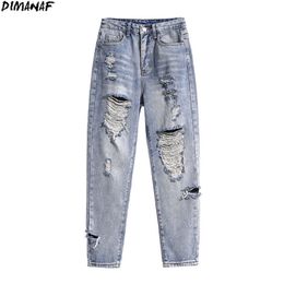 DIMANAF Plus Size Women Jeans Pants Hole Fashion High Waist Denim Harem Female Ripped Pockets Blue Trousers Large Size S-5XL 210302