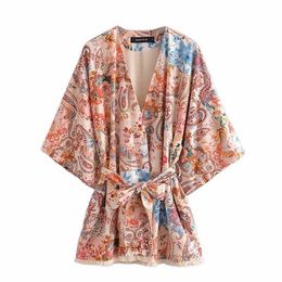 Blouse Women Printed Oversized Loose Kimono Wide Sleeves Fashion Casual Vintage Chic Lady Shirt Woman Belted Tops 210709